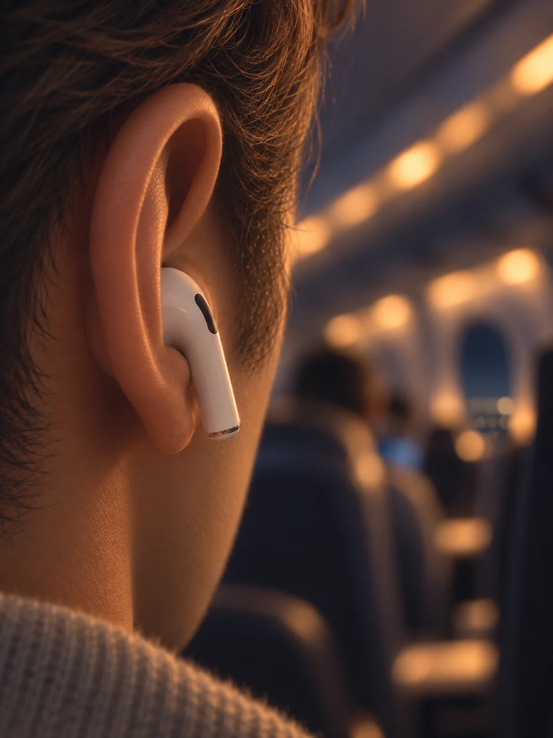 A passenger listening beside an aircraft window